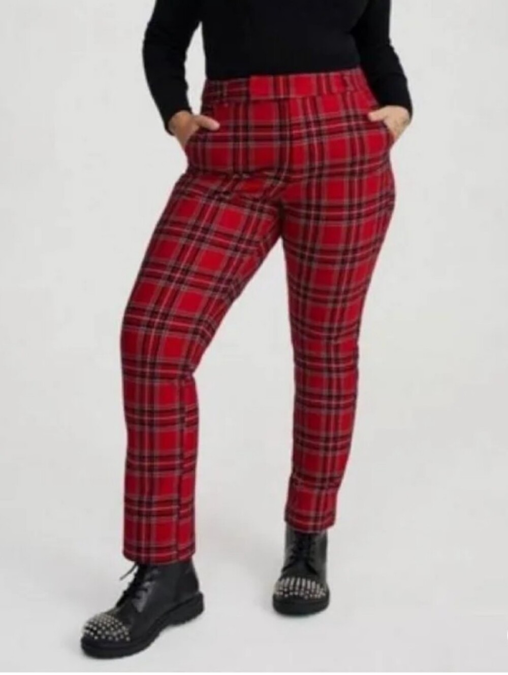 Studio by Torrid High Rise Ponte Red Plaid Ankle Length Trouser Pants
